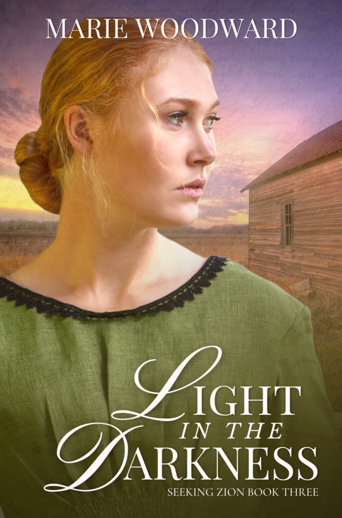 Light in the Darkness : a picture of a historical looking blonde woman looking somber at a lonely shack and rural farm in the background